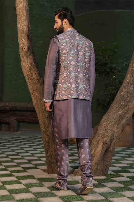 Shop Label Niti Bothra Purple Silk, Chanderi Embroidery Mughal Floral Print Kurta Set at Aza Fashions Shop_Label Niti Bothra_Purple Silk, Chanderi Embroidery Mughal Floral Print Kurta Set _at_Aza_Fashions