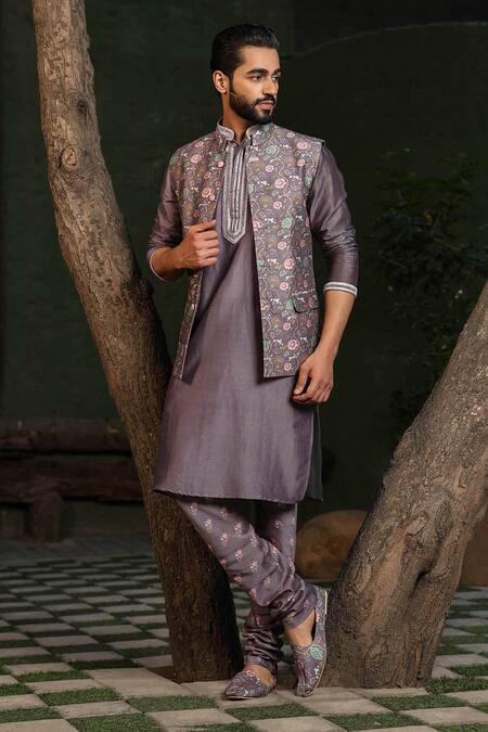 Label Niti Bothra Purple Silk, Chanderi Embroidery Mughal Floral Print Kurta Set Online at Aza Fashions Label Niti Bothra_Purple Silk, Chanderi Embroidery Mughal Floral Print Kurta Set _Online_at_Aza_Fashions