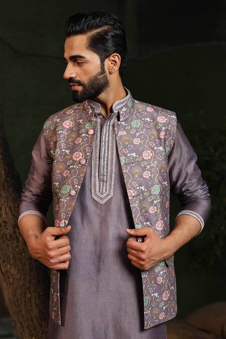 Buy Label Niti Bothra Purple Silk, Chanderi Embroidery Mughal Floral Print Kurta Set Online at Aza Fashions Buy_Label Niti Bothra_Purple Silk, Chanderi Embroidery Mughal Floral Print Kurta Set _Online_at_Aza_Fashions