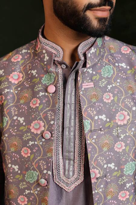 Shop Label Niti Bothra Purple Silk, Chanderi Embroidery Mughal Floral Print Kurta Set Online at Aza Fashions Shop_Label Niti Bothra_Purple Silk, Chanderi Embroidery Mughal Floral Print Kurta Set _Online_at_Aza_Fashions