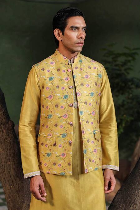 Label Niti Bothra Yellow Silk, Chanderi Embroidery Floral Print Bundi Kurta Set Online at Aza Fashions Label Niti Bothra_Yellow Silk, Chanderi Embroidery Floral Print Bundi Kurta Set _Online_at_Aza_Fashions