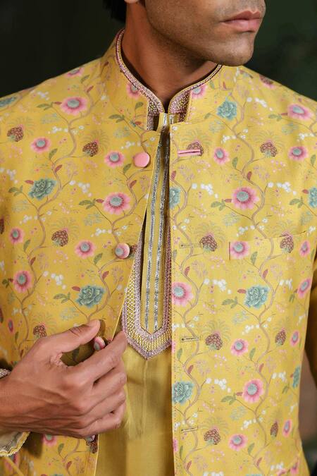 Buy Label Niti Bothra Yellow Silk, Chanderi Embroidery Floral Print Bundi Kurta Set Online at Aza Fashions Buy_Label Niti Bothra_Yellow Silk, Chanderi Embroidery Floral Print Bundi Kurta Set _Online_at_Aza_Fashions