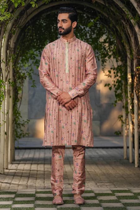 Label Niti Bothra Pink Silk Chanderi Print Floral Kurta With Churidar