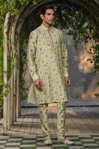 Label Niti Bothra_Green Silk, Chanderi Embroidery Floral Print Kurta With Churidar _Online_at_Aza_Fashions