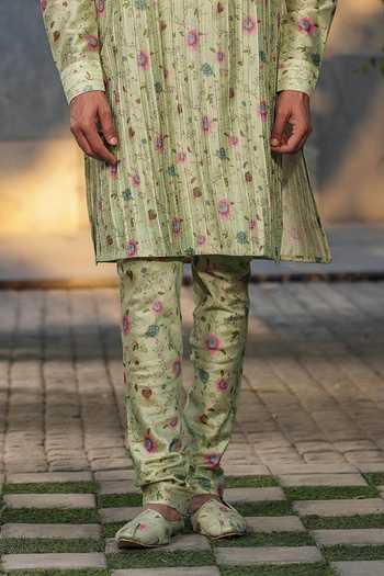 Buy_Label Niti Bothra_Green Silk, Chanderi Embroidery Floral Print Kurta With Churidar _Online_at_Aza_Fashions