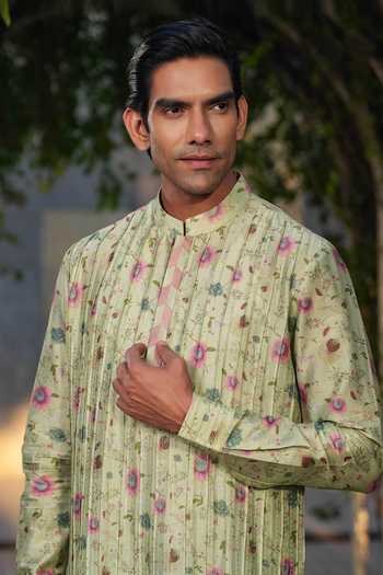Shop_Label Niti Bothra_Green Silk, Chanderi Embroidery Floral Print Kurta With Churidar _Online_at_Aza_Fashions