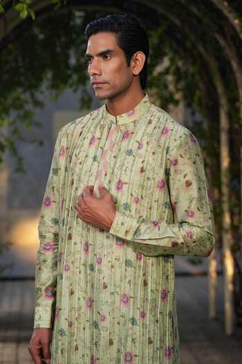 Label Niti Bothra_Green Silk, Chanderi Embroidery Floral Print Kurta With Churidar _at_Aza_Fashions