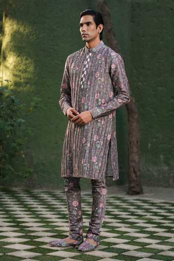 Shop Label Niti Bothra Purple Silk, Chanderi Embroidery Flower Print Kurta With Churidar at Aza Fashions Shop_Label Niti Bothra_Purple Silk, Chanderi Embroidery Flower Print Kurta With Churidar _at_Aza_Fashions