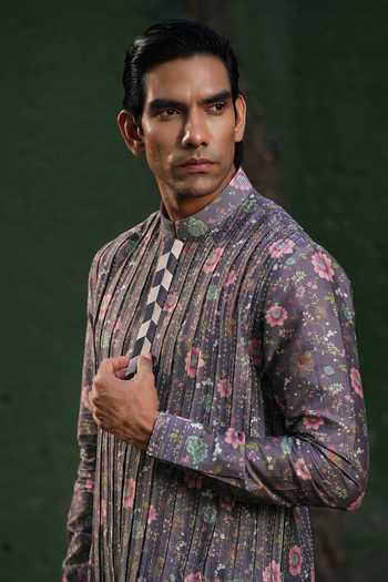 Buy Label Niti Bothra Purple Silk, Chanderi Embroidery Flower Print Kurta With Churidar Online at Aza Fashions Buy_Label Niti Bothra_Purple Silk, Chanderi Embroidery Flower Print Kurta With Churidar _Online_at_Aza_Fashions