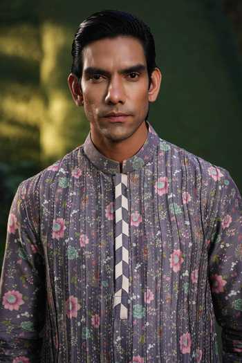 Shop Label Niti Bothra Purple Silk, Chanderi Embroidery Flower Print Kurta With Churidar Online at Aza Fashions Shop_Label Niti Bothra_Purple Silk, Chanderi Embroidery Flower Print Kurta With Churidar _Online_at_Aza_Fashions