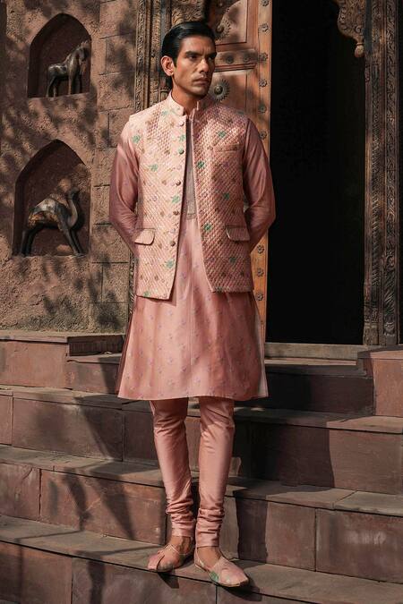 Label Niti Bothra Pink Silk, Chanderi Embroidery Printed Bundi Online at Aza Fashions Label Niti Bothra_Pink Silk, Chanderi Embroidery Printed Bundi _Online_at_Aza_Fashions