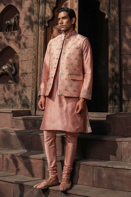 Shop Label Niti Bothra Pink Silk, Chanderi Embroidery Printed Bundi Online at Aza Fashions Shop_Label Niti Bothra_Pink Silk, Chanderi Embroidery Printed Bundi _Online_at_Aza_Fashions