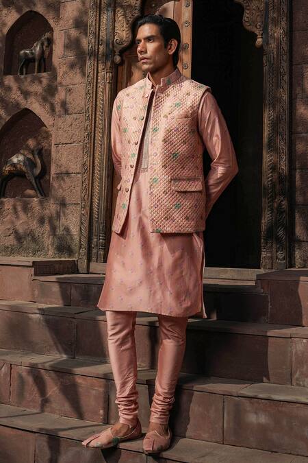 Label Niti Bothra Pink Silk, Chanderi Embroidery Printed Bundi at Aza Fashions Label Niti Bothra_Pink Silk, Chanderi Embroidery Printed Bundi _at_Aza_Fashions