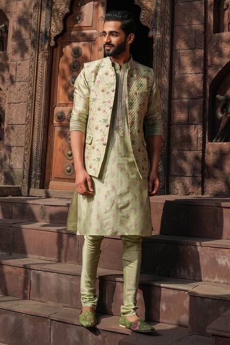 Label Niti Bothra_Green Silk, Chanderi Embroidery Floral Print Bundi _Online_at_Aza_Fashions