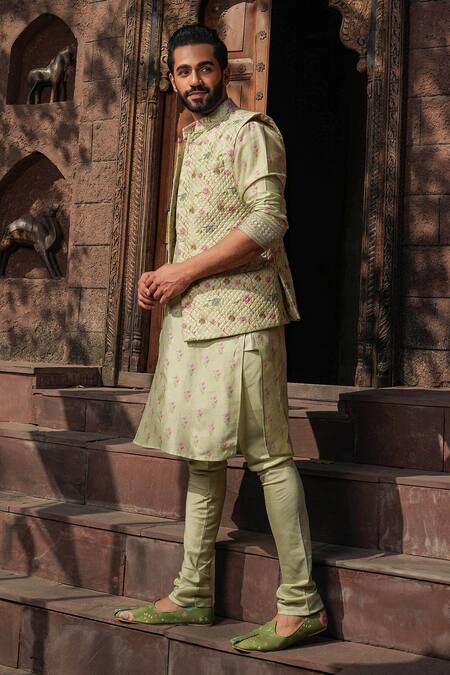 Buy_Label Niti Bothra_Green Silk, Chanderi Embroidery Floral Print Bundi _Online_at_Aza_Fashions