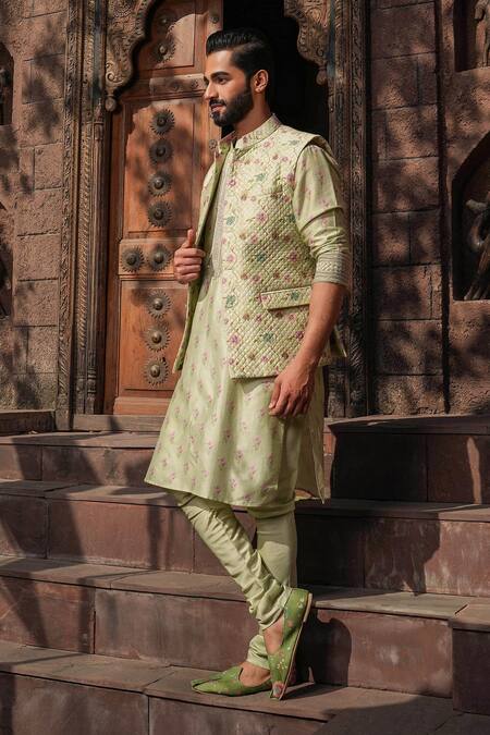 Shop_Label Niti Bothra_Green Silk, Chanderi Embroidery Floral Print Bundi _Online_at_Aza_Fashions