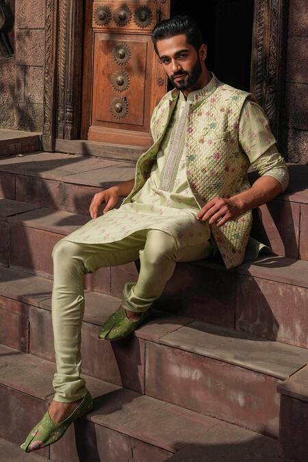 Label Niti Bothra_Green Silk, Chanderi Embroidery Floral Print Bundi _at_Aza_Fashions