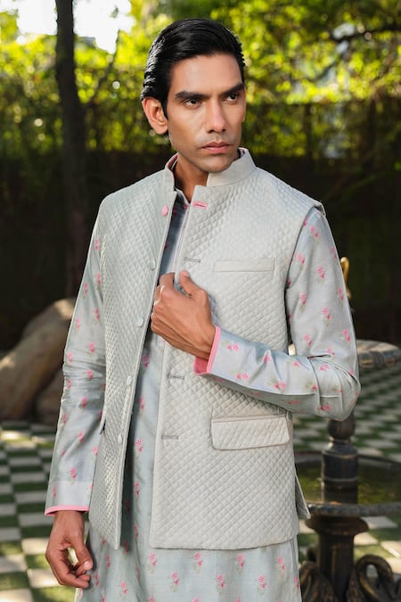 Shop Label Niti Bothra Blue Silk, Chanderi Embroidery Quilted Floral Kurta Set Online at Aza Fashions Shop_Label Niti Bothra_Blue Silk, Chanderi Embroidery Quilted Floral Kurta Set _Online_at_Aza_Fashions