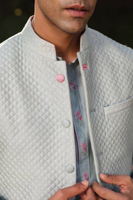 Label Niti Bothra Blue Silk, Chanderi Embroidery Quilted Floral Kurta Set at Aza Fashions Label Niti Bothra_Blue Silk, Chanderi Embroidery Quilted Floral Kurta Set _at_Aza_Fashions