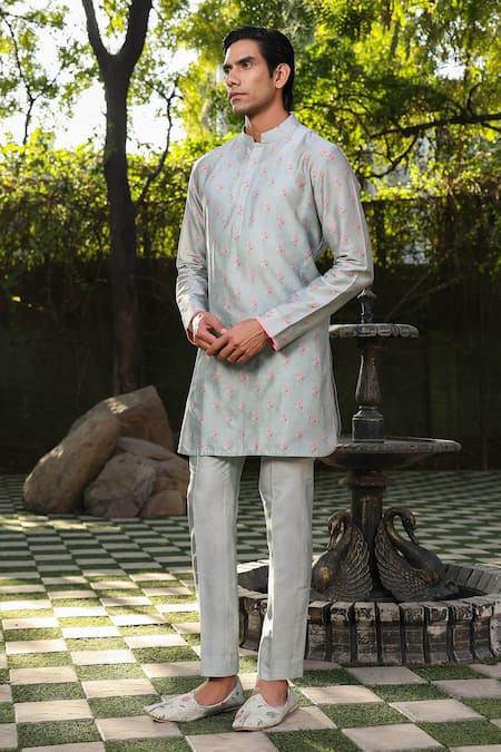 Buy Label Niti Bothra Blue Silk, Chanderi Embroidery Quilted Floral Kurta Set Buy_Label Niti Bothra_Blue Silk, Chanderi Embroidery Quilted Floral Kurta Set