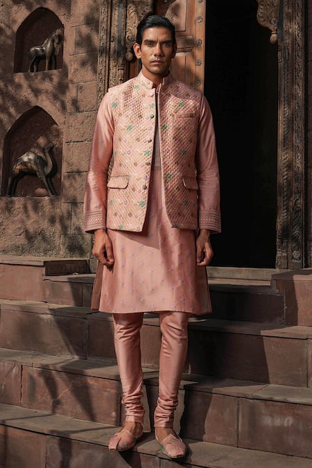 Label Niti Bothra Pink Silk Chanderi Print Floral Quilted Bundi Kurta Set