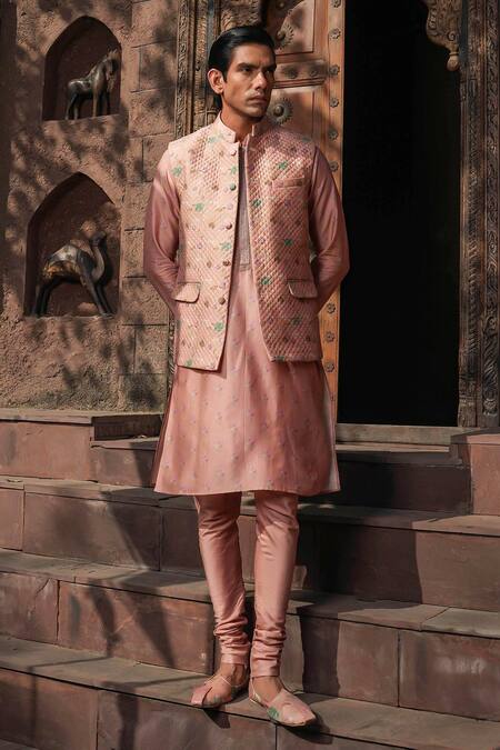 Label Niti Bothra Pink Silk, Chanderi Embroidery Floral Print Quilted Bundi Kurta Set Online at Aza Fashions Label Niti Bothra_Pink Silk, Chanderi Embroidery Floral Print Quilted Bundi Kurta Set _Online_at_Aza_Fashions