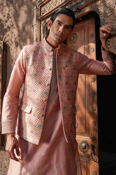 Label Niti Bothra Pink Silk, Chanderi Embroidery Floral Print Quilted Bundi Kurta Set at Aza Fashions Label Niti Bothra_Pink Silk, Chanderi Embroidery Floral Print Quilted Bundi Kurta Set _at_Aza_Fashions