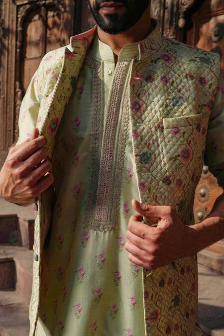Shop Label Niti Bothra Green Silk, Chanderi Embroidery Floral Print Quilted Bundi Kurta Set Online at Aza Fashions Shop_Label Niti Bothra_Green Silk, Chanderi Embroidery Floral Print Quilted Bundi Kurta Set _Online_at_Aza_Fashions