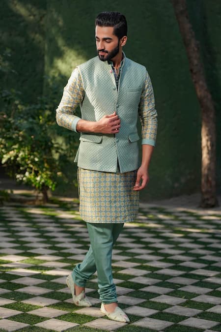 Label Niti Bothra_Turquoise Silk, Chanderi Embroidery Quilted Mughal Print Kurta Set _Online_at_Aza_Fashions