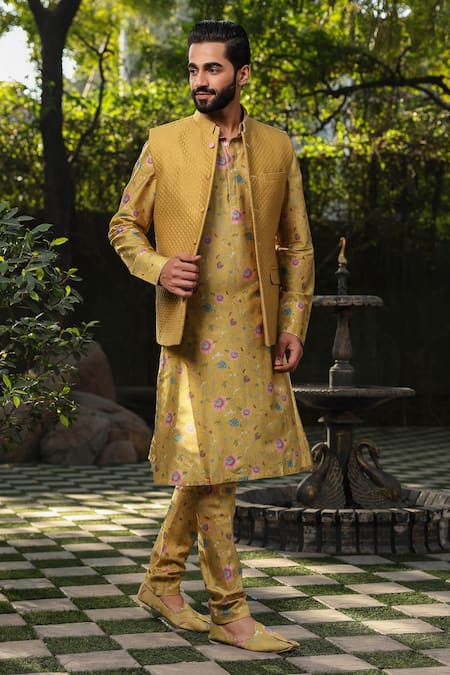 Label Niti Bothra_Yellow Silk, Chanderi Embroidery Quilted Bundi And Floral Print Kurta Set _Online_at_Aza_Fashions