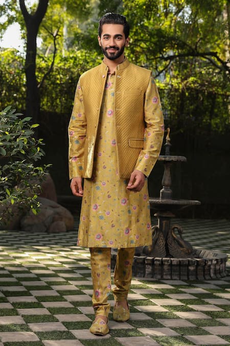 Shop_Label Niti Bothra_Yellow Silk, Chanderi Embroidery Quilted Bundi And Floral Print Kurta Set _Online_at_Aza_Fashions