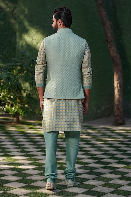 Label Niti Bothra Turquoise Quilted Silk Chanderi Bundi 