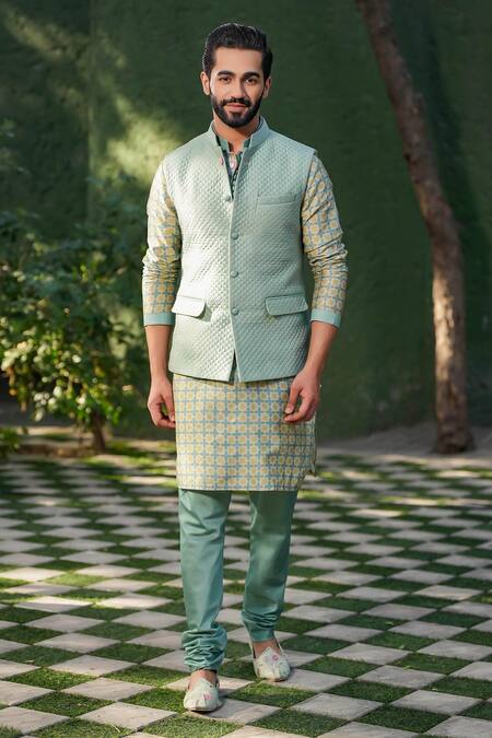 Label Niti Bothra_Green Silk, Chanderi Turquoise Quilted Bundi _Online_at_Aza_Fashions