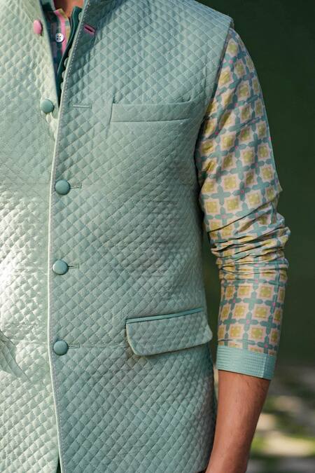 Buy_Label Niti Bothra_Green Silk, Chanderi Turquoise Quilted Bundi 