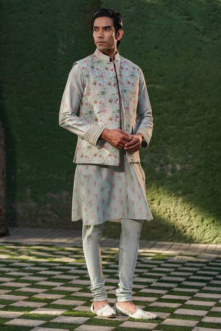 Label Niti Bothra_Blue Silk, Chanderi Embroidery Mughal Print Quilted Nehru Jacket _Online_at_Aza_Fashions