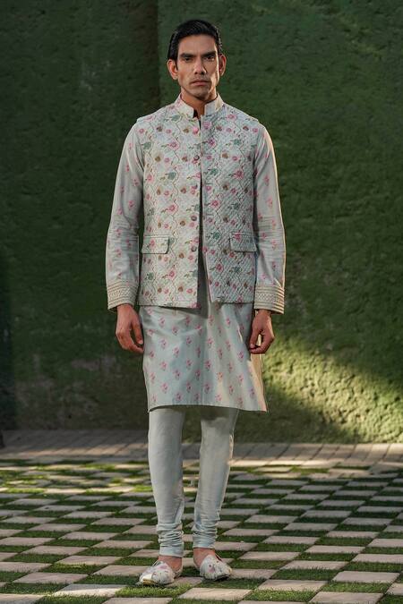 Buy_Label Niti Bothra_Blue Silk, Chanderi Embroidery Mughal Print Quilted Nehru Jacket _Online_at_Aza_Fashions