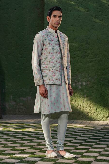 Label Niti Bothra_Blue Silk, Chanderi Embroidery Mughal Print Quilted Nehru Jacket _at_Aza_Fashions