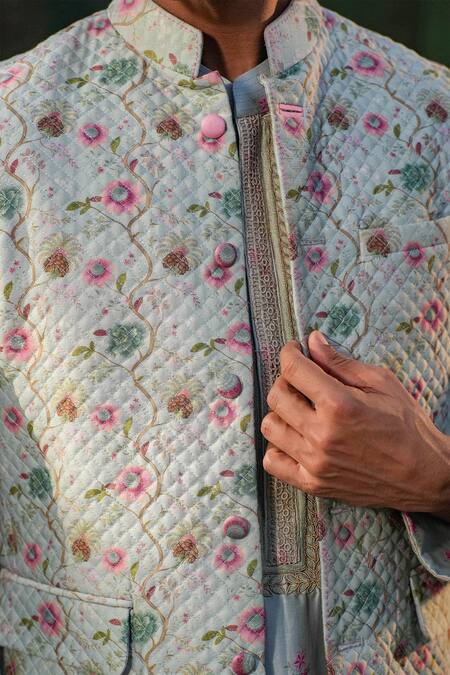 Buy_Label Niti Bothra_Blue Silk, Chanderi Embroidery Mughal Print Quilted Nehru Jacket 