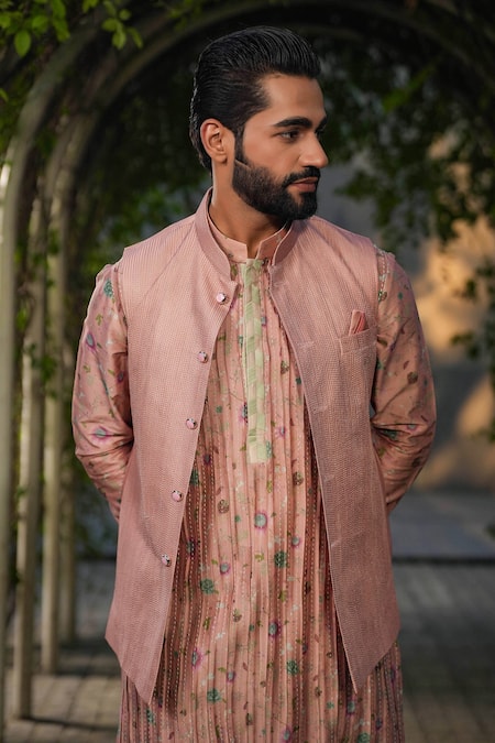 Label Niti Bothra Pink Silk Chanderi Embroidery Stitchline Thread Nehru Jacket