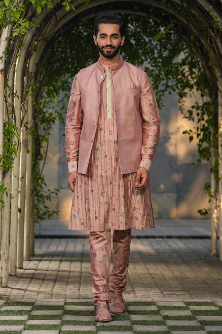 Label Niti Bothra_Pink Silk, Chanderi Embroidery Nehru Jacket _Online_at_Aza_Fashions