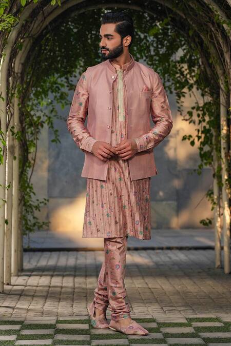Buy_Label Niti Bothra_Pink Silk, Chanderi Embroidery Nehru Jacket _Online_at_Aza_Fashions