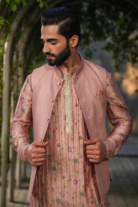 Shop_Label Niti Bothra_Pink Silk, Chanderi Embroidery Nehru Jacket _Online_at_Aza_Fashions