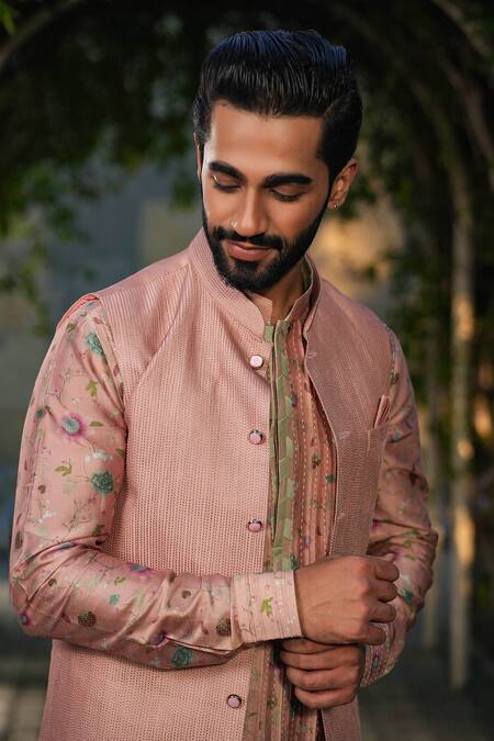 Label Niti Bothra_Pink Silk, Chanderi Embroidery Nehru Jacket _at_Aza_Fashions