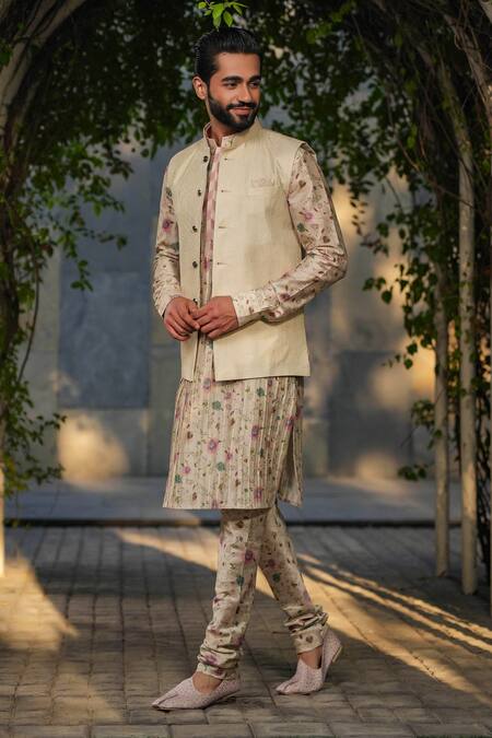 Shop_Label Niti Bothra_Ivory Silk, Chanderi Embroidery Stitchline Nehru Jacket _Online_at_Aza_Fashions