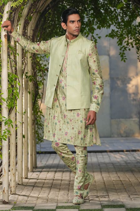 Label Niti Bothra_Green Silk, Chanderi Embroidery Mint Thread Nehru Jacket _Online_at_Aza_Fashions