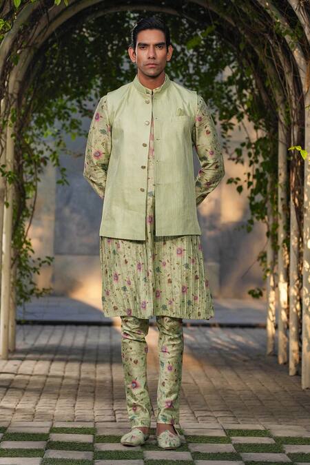 Buy_Label Niti Bothra_Green Silk, Chanderi Embroidery Mint Thread Nehru Jacket _Online_at_Aza_Fashions