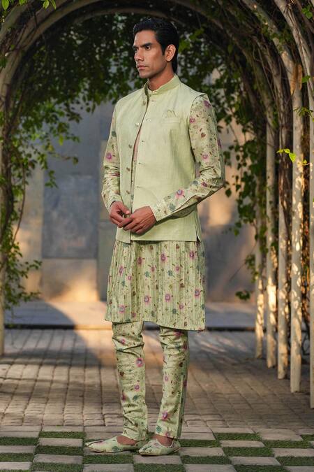 Shop_Label Niti Bothra_Green Silk, Chanderi Embroidery Mint Thread Nehru Jacket _Online_at_Aza_Fashions