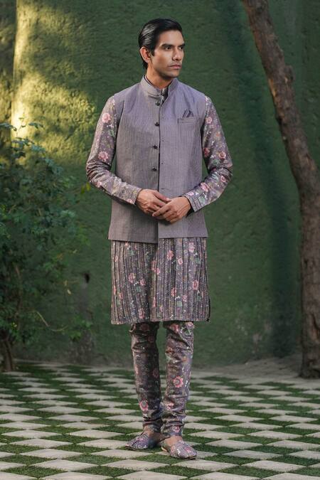 Label Niti Bothra_Purple Silk, Chanderi Embroidery Stitchline Nehru Jacket _Online_at_Aza_Fashions