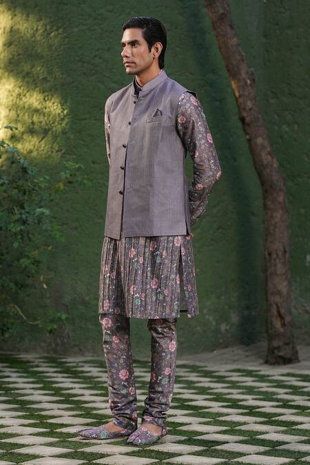 Buy_Label Niti Bothra_Purple Silk, Chanderi Embroidery Stitchline Nehru Jacket _Online_at_Aza_Fashions