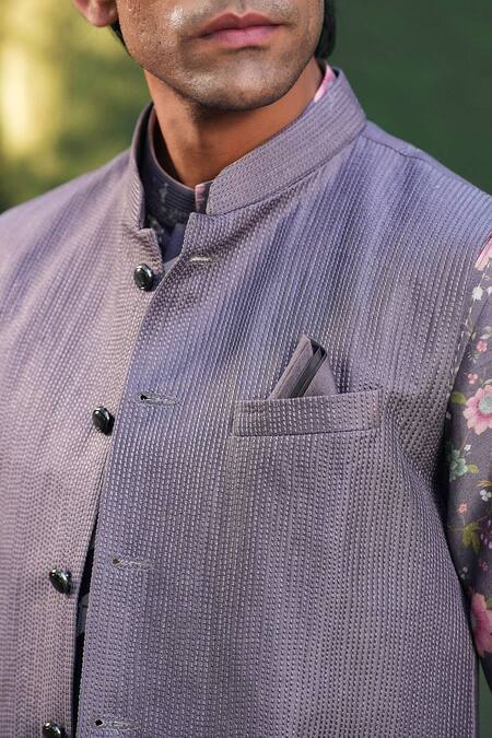 Shop_Label Niti Bothra_Purple Silk, Chanderi Embroidery Stitchline Nehru Jacket _Online_at_Aza_Fashions